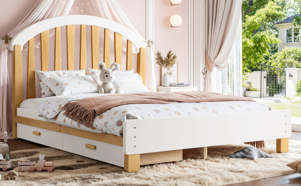 English Elm Full Twin Pine Wood Platform Bed with Round Headboard Storage Drawer No Box Spring Light Natural / White W5305P501361