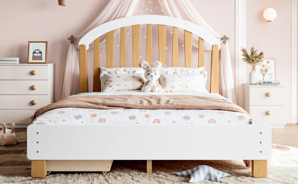 English Elm Full Twin Pine Wood Platform Bed with Round Headboard Storage Drawer No Box Spring Light Natural / White W5305P501361