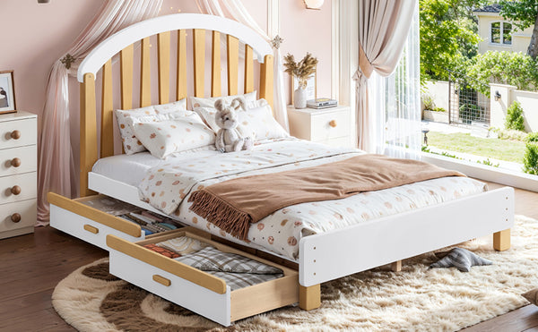 English Elm Full Twin Pine Wood Platform Bed with Round Headboard Storage Drawer No Box Spring Light Natural / White W5305P501361