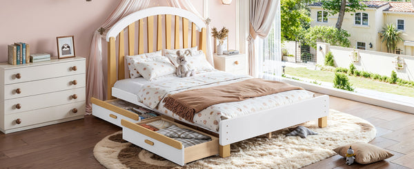 English Elm Full Twin Pine Wood Platform Bed with Round Headboard Storage Drawer No Box Spring Light Natural / White W5305P501361