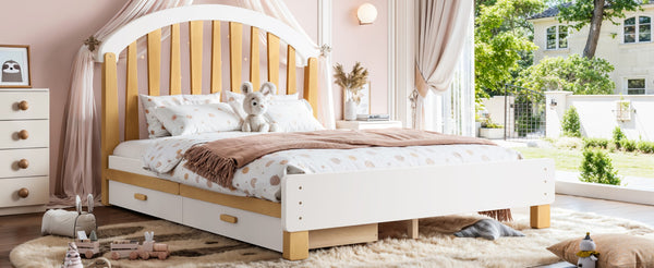 English Elm Full Twin Pine Wood Platform Bed with Round Headboard Storage Drawer No Box Spring Light Natural / White W5305P501361