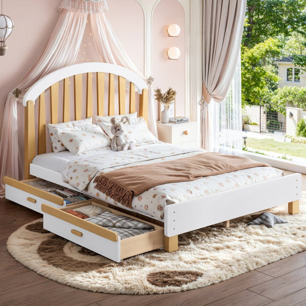 English Elm Full Twin Pine Wood Platform Bed with Round Headboard Storage Drawer No Box Spring Light Natural / White W5305P501361