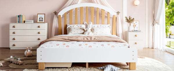 English Elm Full Twin Pine Wood Platform Bed with Round Headboard Storage Drawer No Box Spring Light Natural / White W5305P501361