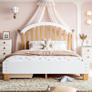 English Elm Full Twin Pine Wood Platform Bed with Round Headboard Storage Drawer No Box Spring Light Natural / White W5305P501361