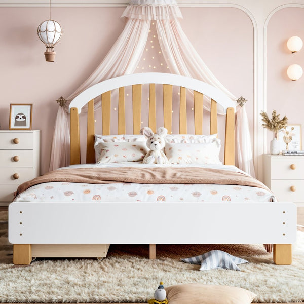 English Elm Full Twin Pine Wood Platform Bed with Round Headboard Storage Drawer No Box Spring Light Natural / White W5305P501361