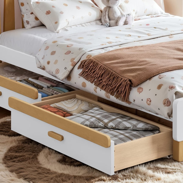 English Elm Full Twin Pine Wood Platform Bed with Round Headboard Storage Drawer No Box Spring Light Natural / White W5305P501361