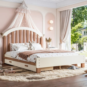 English Elm Full Twin Pine Wood Platform Bed with Round Headboard Storage Drawer No Box Spring Beige / Deep Natural W5305P501362