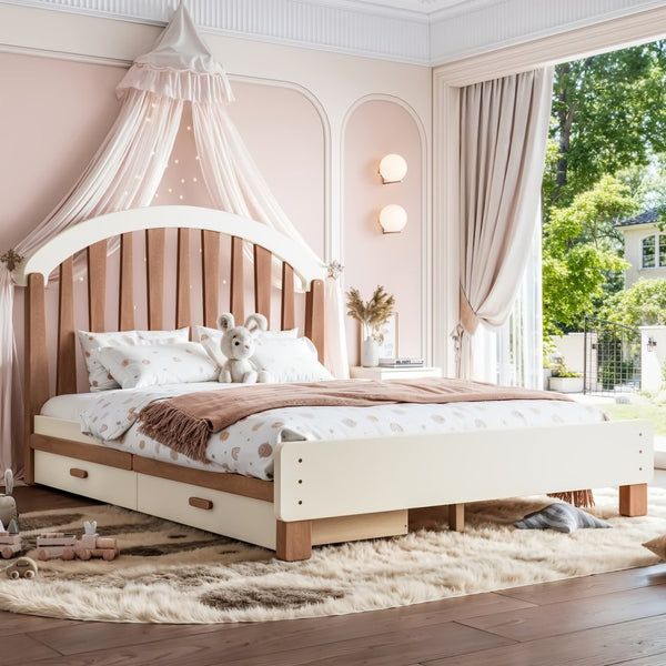 English Elm Full Twin Pine Wood Platform Bed with Round Headboard Storage Drawer No Box Spring Beige / Deep Natural W5305P501362