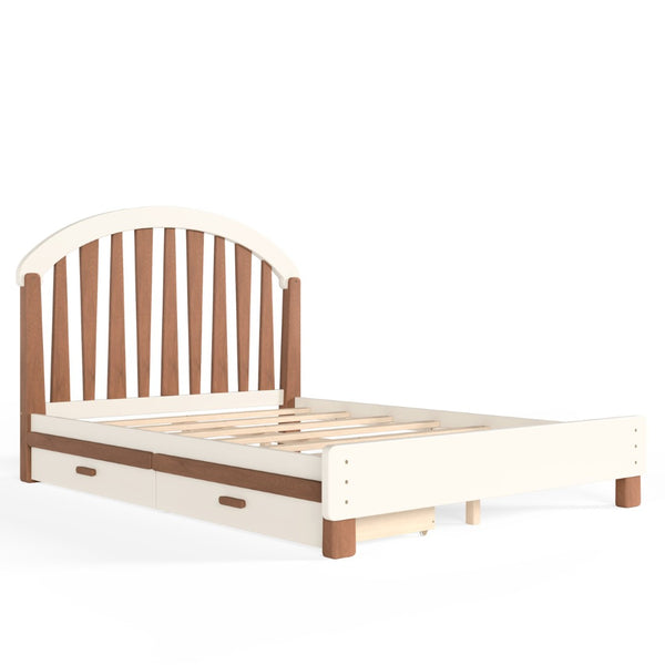 English Elm Full Twin Pine Wood Platform Bed with Round Headboard Storage Drawer No Box Spring Beige / Deep Natural W5305P501362