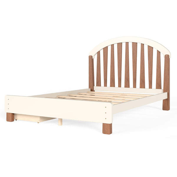 English Elm Full Twin Pine Wood Platform Bed with Round Headboard Storage Drawer No Box Spring Beige / Deep Natural W5305P501362