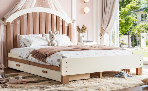 English Elm Full Twin Pine Wood Platform Bed with Round Headboard Storage Drawer No Box Spring Beige / Deep Natural W5305P501362