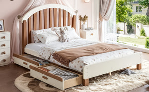 English Elm Full Twin Pine Wood Platform Bed with Round Headboard Storage Drawer No Box Spring Beige / Deep Natural W5305P501362