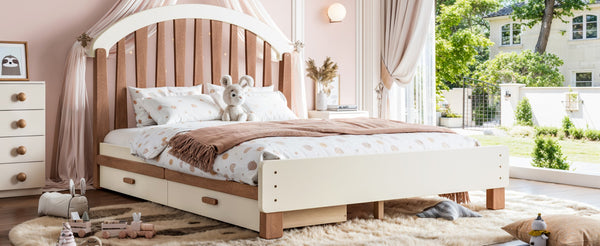 English Elm Full Twin Pine Wood Platform Bed with Round Headboard Storage Drawer No Box Spring Beige / Deep Natural W5305P501362
