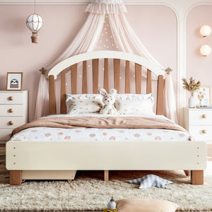 English Elm Full Twin Pine Wood Platform Bed with Round Headboard Storage Drawer No Box Spring Beige / Deep Natural W5305P501362