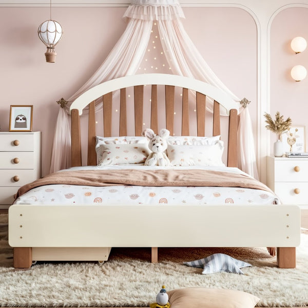 English Elm Full Twin Pine Wood Platform Bed with Round Headboard Storage Drawer No Box Spring Beige / Deep Natural W5305P501362