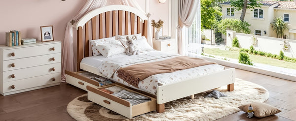 English Elm Full Twin Pine Wood Platform Bed with Round Headboard Storage Drawer No Box Spring Beige / Deep Natural W5305P501362