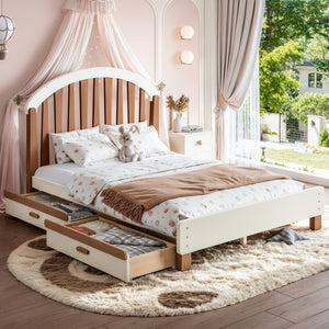 English Elm Full Twin Pine Wood Platform Bed with Round Headboard Storage Drawer No Box Spring Beige / Deep Natural W5305P501362