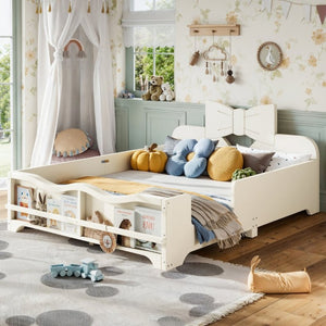 English Elm Full Size Montessori Pine Floor Bed with Bowknot Headboard and Built-In Bookshelf Beige W5305P506768