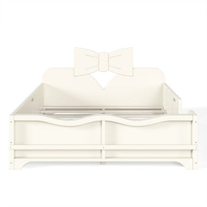 English Elm Full Size Montessori Pine Floor Bed with Bowknot Headboard and Built-In Bookshelf Beige W5305P506768