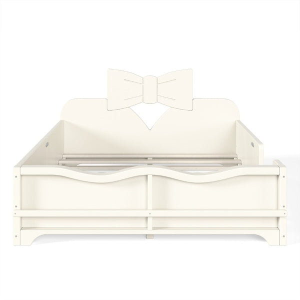 English Elm Full Size Montessori Pine Floor Bed with Bowknot Headboard and Built-In Bookshelf Beige W5305P506768