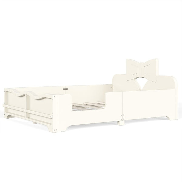 English Elm Full Size Montessori Pine Floor Bed with Bowknot Headboard and Built-In Bookshelf Beige W5305P506768