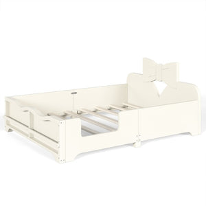 English Elm Full Size Montessori Pine Floor Bed with Bowknot Headboard and Built-In Bookshelf Beige W5305P506768