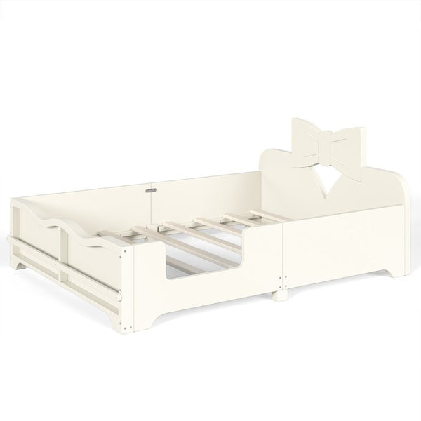 English Elm Full Size Montessori Pine Floor Bed with Bowknot Headboard and Built-In Bookshelf Beige W5305P506768
