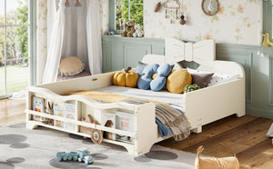 English Elm Full Size Montessori Pine Floor Bed with Bowknot Headboard and Built-In Bookshelf Beige W5305P506768