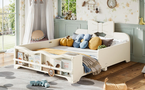 English Elm Full Size Montessori Pine Floor Bed with Bowknot Headboard and Built-In Bookshelf Beige W5305P506768