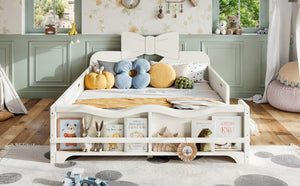 English Elm Full Size Montessori Pine Floor Bed with Bowknot Headboard and Built-In Bookshelf Beige W5305P506768