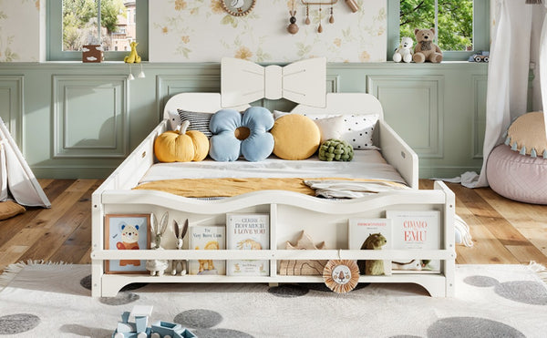 English Elm Full Size Montessori Pine Floor Bed with Bowknot Headboard and Built-In Bookshelf Beige W5305P506768