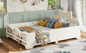 English Elm Full Size Montessori Pine Floor Bed with Bowknot Headboard and Built-In Bookshelf Beige W5305P506768