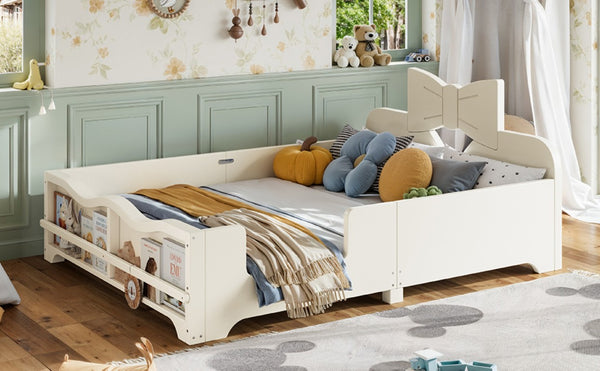 English Elm Full Size Montessori Pine Floor Bed with Bowknot Headboard and Built-In Bookshelf Beige W5305P506768