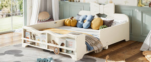 English Elm Full Size Montessori Pine Floor Bed with Bowknot Headboard and Built-In Bookshelf Beige W5305P506768