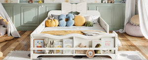English Elm Full Size Montessori Pine Floor Bed with Bowknot Headboard and Built-In Bookshelf Beige W5305P506768