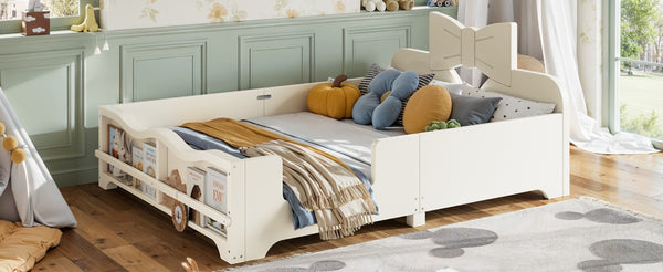 English Elm Full Size Montessori Pine Floor Bed with Bowknot Headboard and Built-In Bookshelf Beige W5305P506768