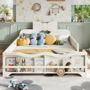 English Elm Full Size Montessori Pine Floor Bed with Bowknot Headboard and Built-In Bookshelf Beige W5305P506768