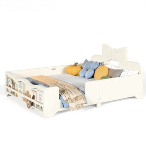 English Elm Full Size Montessori Pine Floor Bed with Bowknot Headboard and Built-In Bookshelf Beige W5305P506768