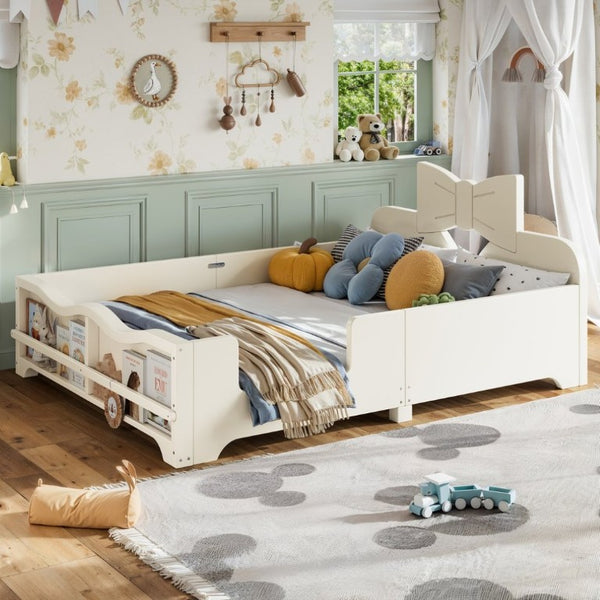 English Elm Full Size Montessori Pine Floor Bed with Bowknot Headboard and Built-In Bookshelf Beige W5305P506768