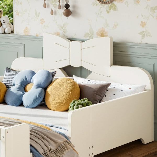 English Elm Full Size Montessori Pine Floor Bed with Bowknot Headboard and Built-In Bookshelf Beige W5305P506768