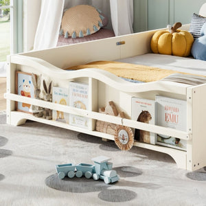 English Elm Full Size Montessori Pine Floor Bed with Bowknot Headboard and Built-In Bookshelf Beige W5305P506768