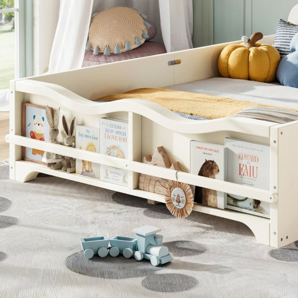 English Elm Full Size Montessori Pine Floor Bed with Bowknot Headboard and Built-In Bookshelf Beige W5305P506768