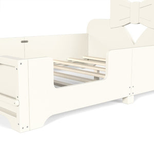 English Elm Full Size Montessori Pine Floor Bed with Bowknot Headboard and Built-In Bookshelf Beige W5305P506768