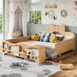 English Elm Full Size Montessori Pine Floor Bed with Bowknot Headboard and Built-In Bookshelf Natural W5305P506775