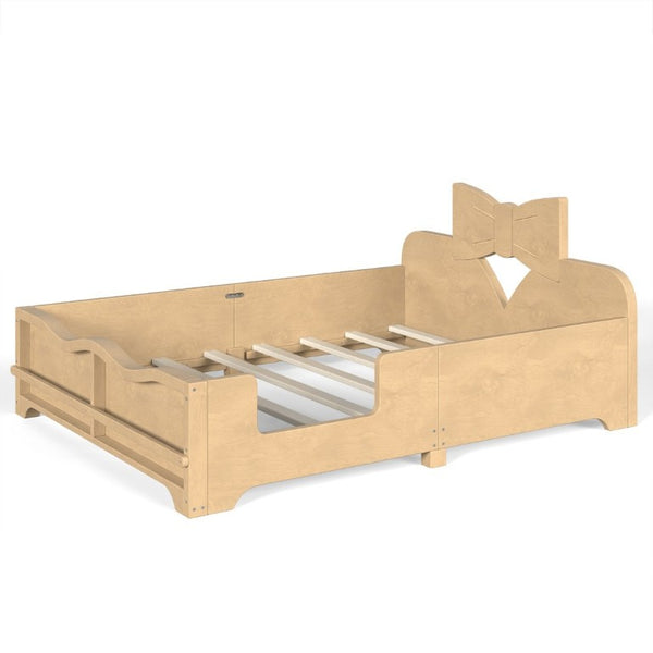 English Elm Full Size Montessori Pine Floor Bed with Bowknot Headboard and Built-In Bookshelf Natural W5305P506775