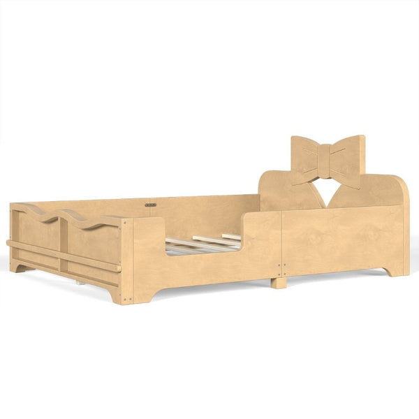 English Elm Full Size Montessori Pine Floor Bed with Bowknot Headboard and Built-In Bookshelf Natural W5305P506775