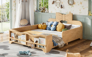 English Elm Full Size Montessori Pine Floor Bed with Bowknot Headboard and Built-In Bookshelf Natural W5305P506775