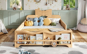 English Elm Full Size Montessori Pine Floor Bed with Bowknot Headboard and Built-In Bookshelf Natural W5305P506775