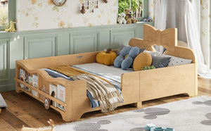 English Elm Full Size Montessori Pine Floor Bed with Bowknot Headboard and Built-In Bookshelf Natural W5305P506775