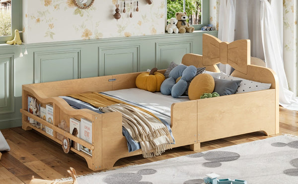 English Elm Full Size Montessori Pine Floor Bed with Bowknot Headboard and Built-In Bookshelf Natural W5305P506775